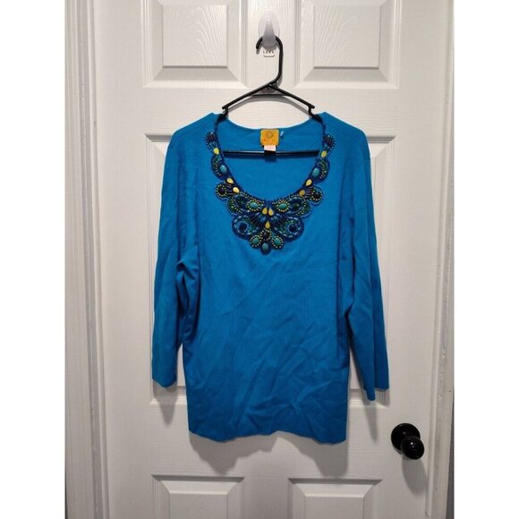 Ruby Rd Top Women 2X Petite Blue‎ Embellished Beaded Sweater Bohemian Stretch - Picture 10 of 10